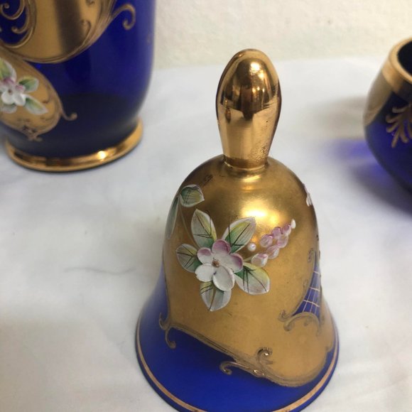 (Rare)Vintage Bohemian Raised Floral Czech Cobalt Blue 24K Gold - Picture 5 of 8